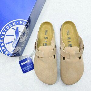 Women's Latte Cream Suede Birkenstock Boston Shoes - Narrow Fit